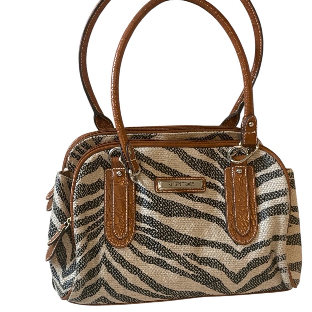 Ellen Tracy zebra print handbag w/ brown faux leather trim, gold trim, 12”x9”x4”